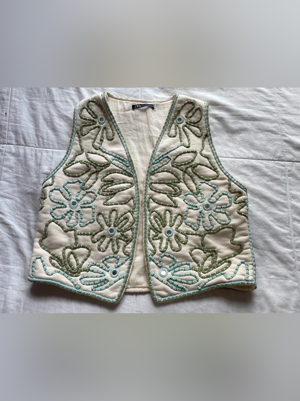 Zara Cream Green Floral Embroidered Mirror Vest Small Boho Retro 70s Cottagecore